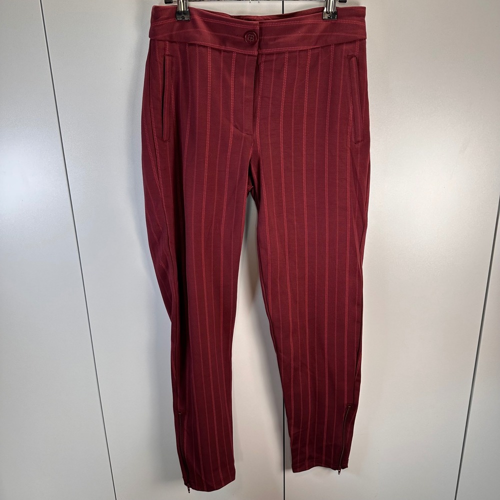 Betabrand Women's S Dress Yoga Pants Burgundy Pinstripe Star Ankle Zip Slim